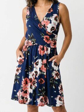 NWT OUGES Navy Floral Faux Wrap Midi Dress Pockets Size L Large